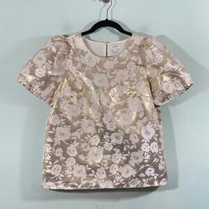 J Crew Women Gold Floral Jacquard Puff Sleeve Top Size S #BV428